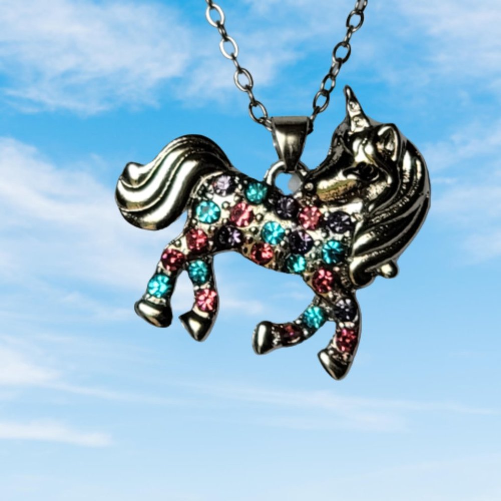 Unicorn Pendant Necklace Girls Silvertone Multi Color Rhinestones 19" Adj New - Picture 7 of 10